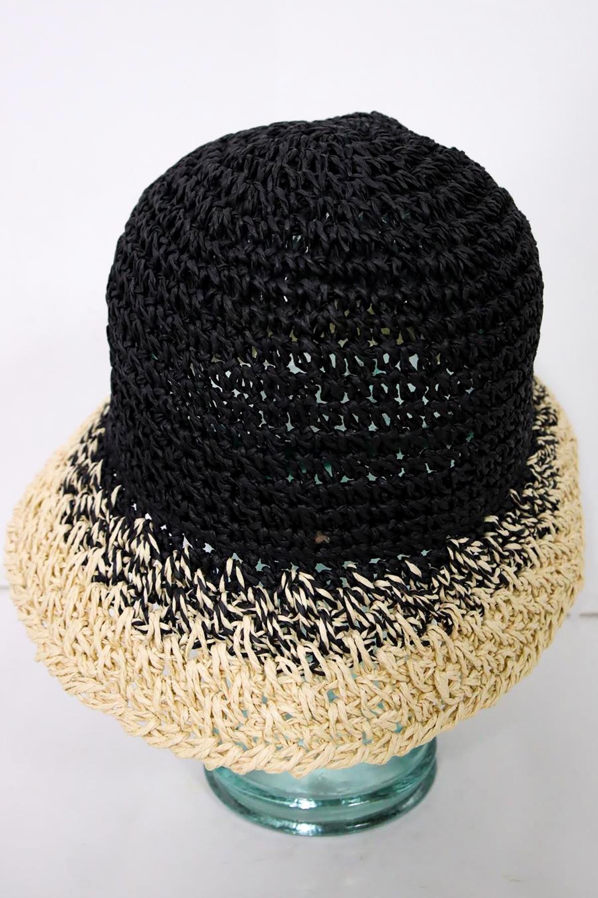  Siyah Ekru Geçişli El Örgüsü Hasır Şapka
