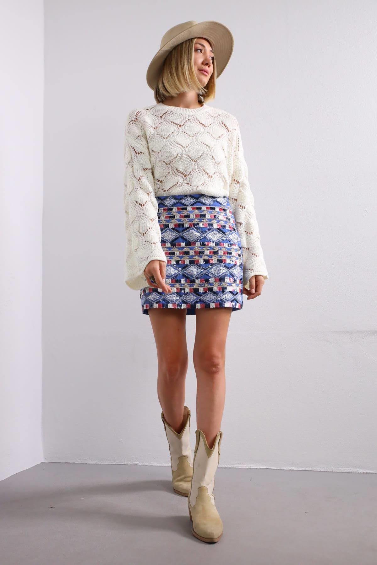 Mavi Pul İşlemeli Mini Etek - Şaman Butik Mavi Pul İşlemeli Mini Etek