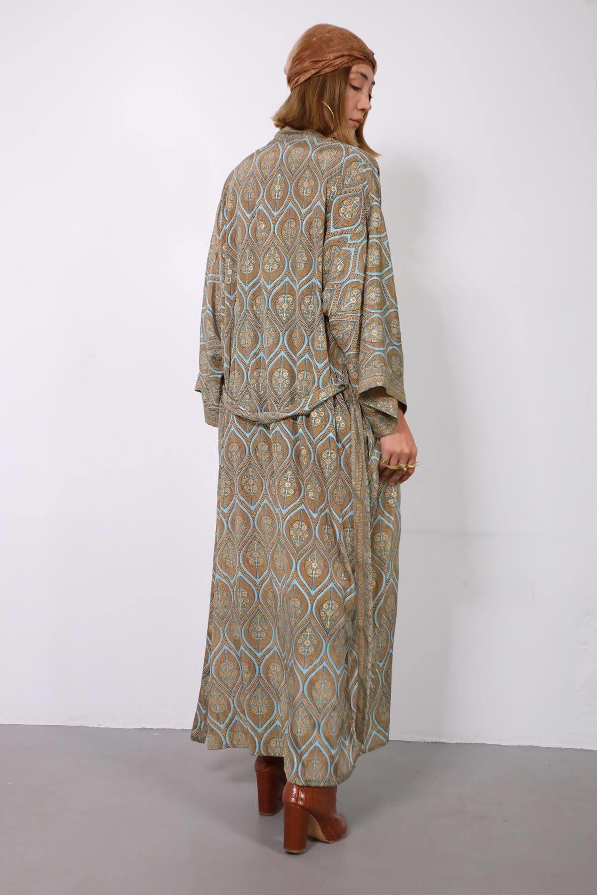 Gold Rengi Şal Desenli Kaftan - Şaman Butik Gold Rengi Şal Desenli Kaftan