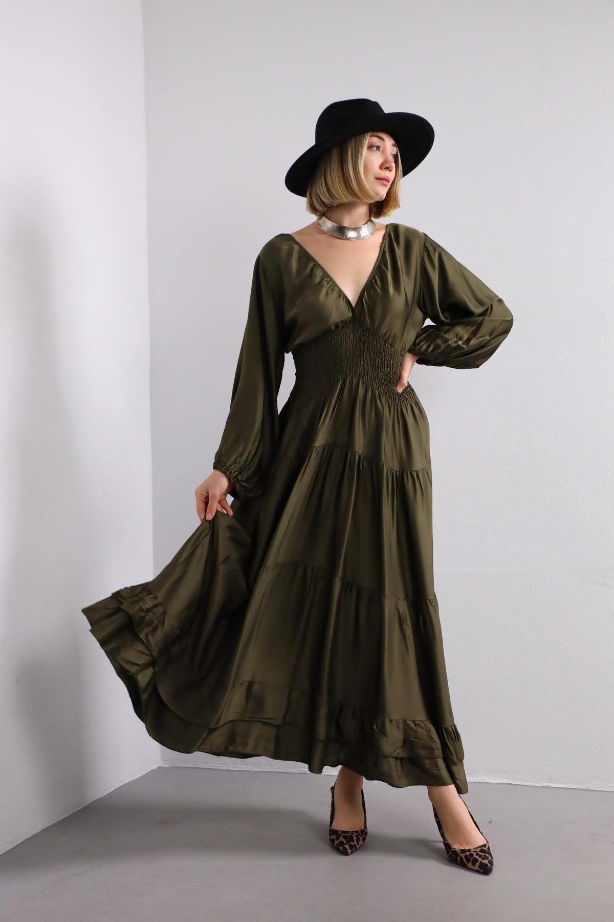 Haki Beli Büzgülü V Yaka Elbise - Şaman Butik Haki Beli Büzgülü V Yaka Elbise