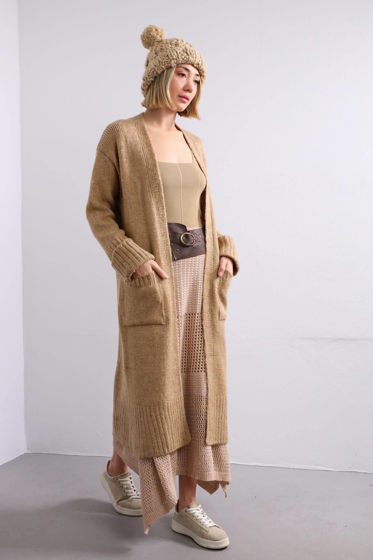 Camel Long Cardigan with Pockets - Saman Butik | Shop Online Camel Long Cardigan with Pockets
