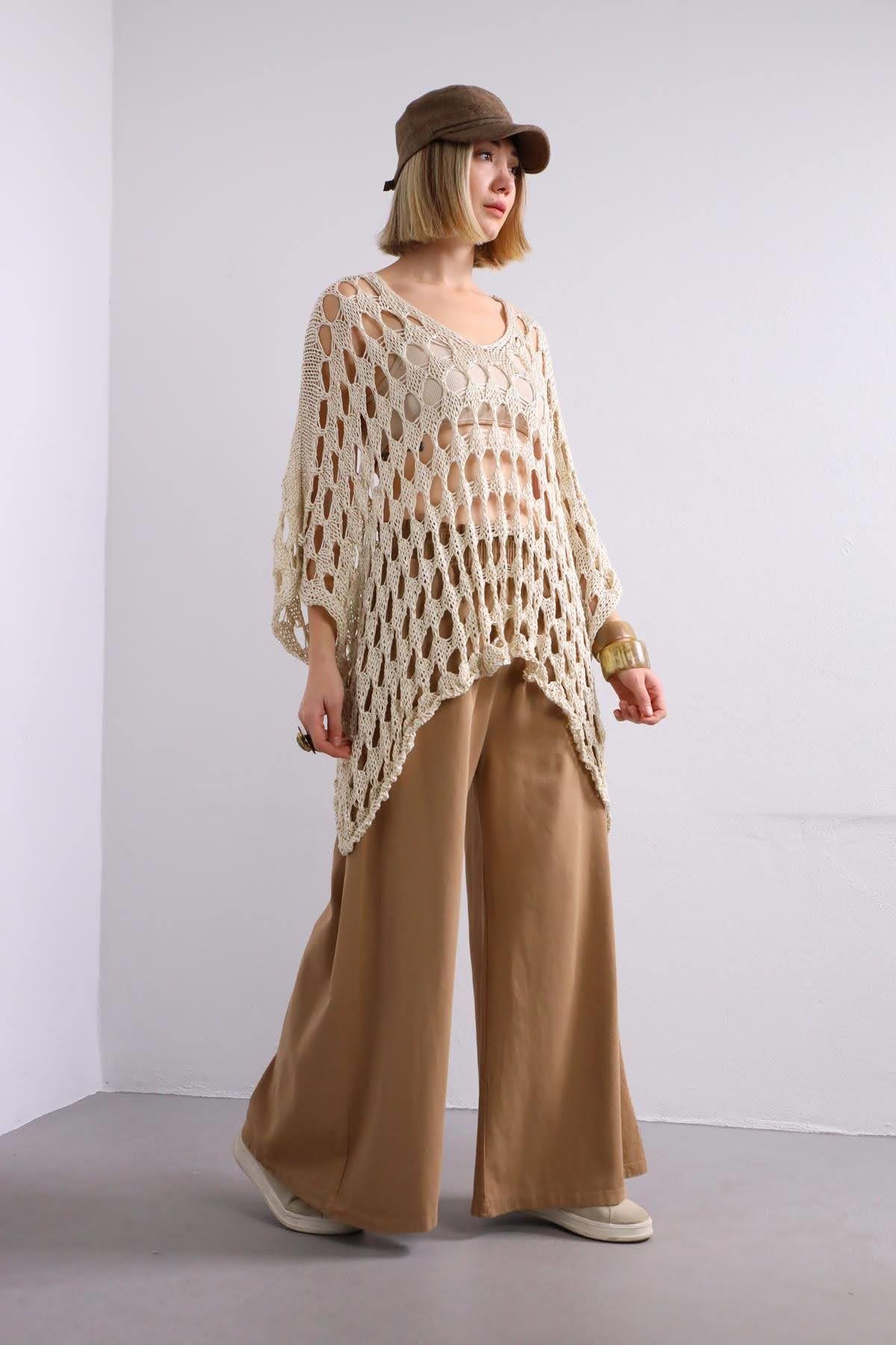  Krem Rengi Salaş File Örgü Kazak