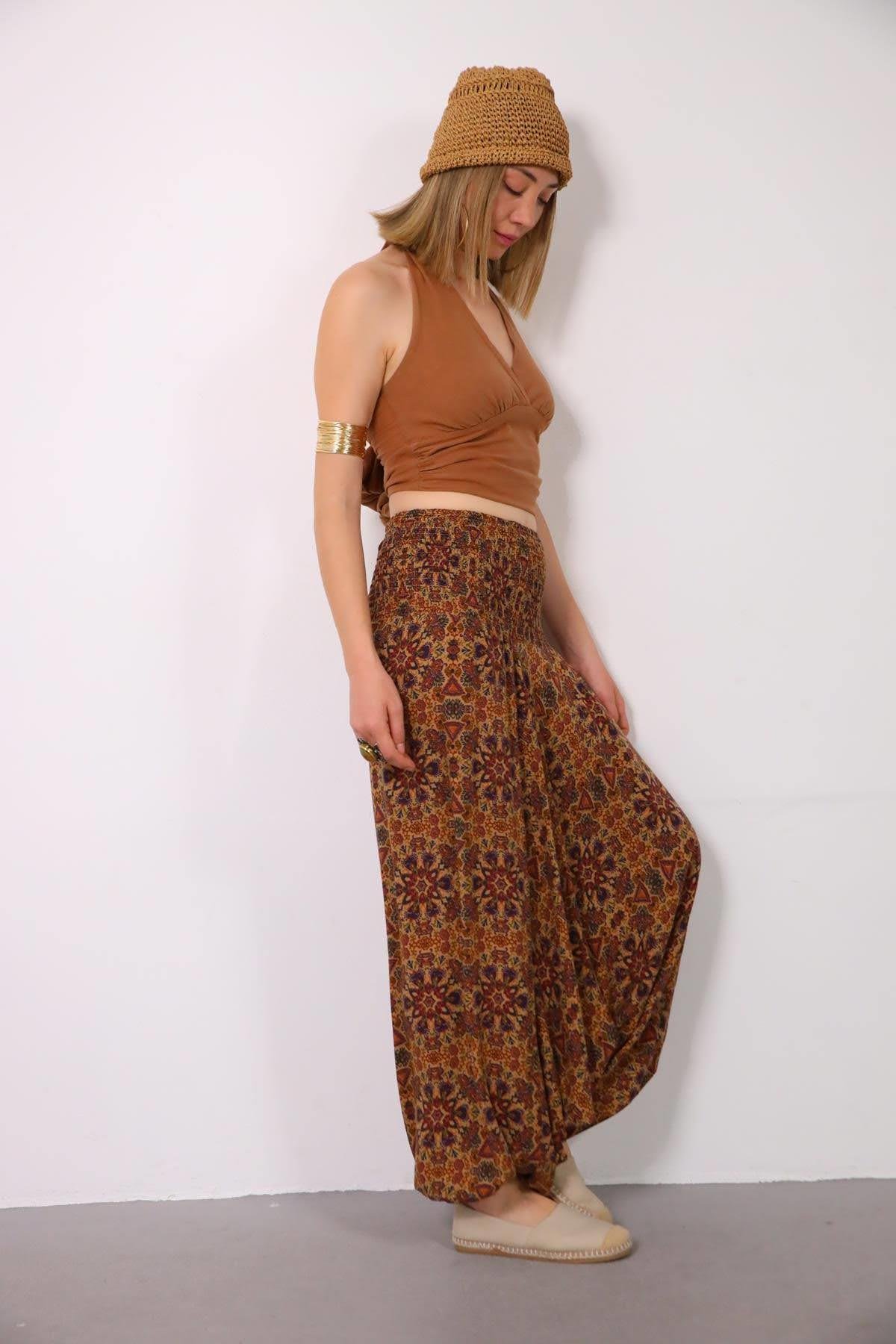 Kahverengi Desenli Beli Gipeli Bohem Şalvar - Şaman Butik Kahverengi Desenli Beli Gipeli Bohem Şalvar
