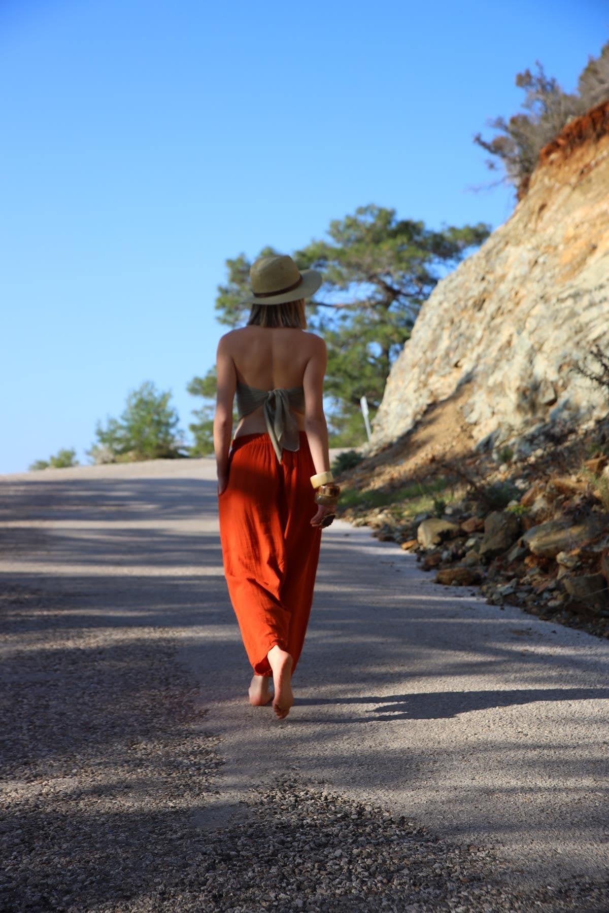  Kiremit Rengi Beli İpli Müslin Şalvar