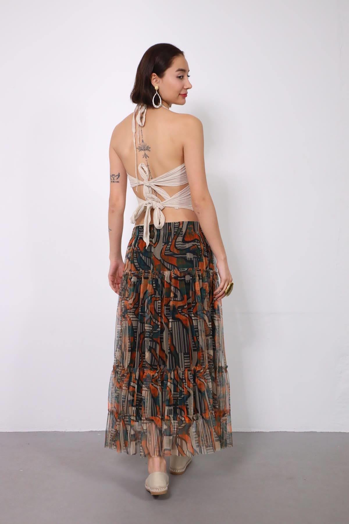 Bej Desenli Kat Kat Tül Etek - Şaman Butik Bej Desenli Kat Kat Tül Etek