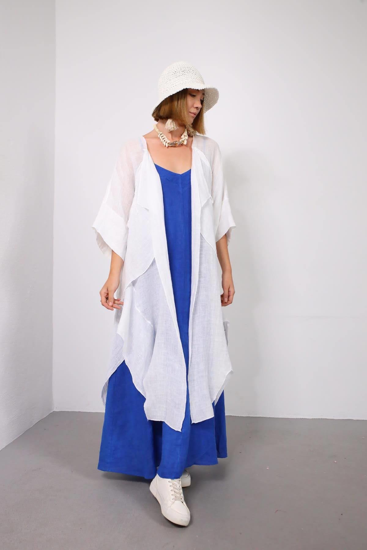 Beyaz Parça Detaylı Keten Kaftan - Şaman Butik Beyaz Parça Detaylı Keten Kaftan