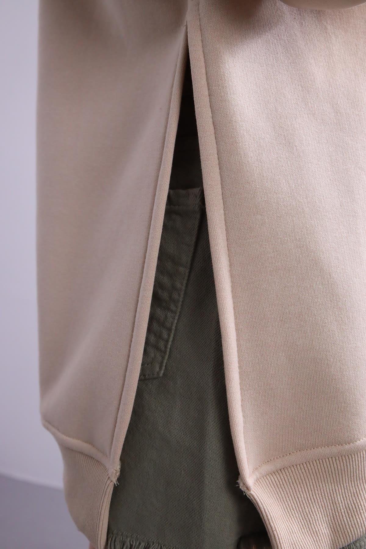  Taş Rengi Yanları Yırtmaçlı Sweatshirt
