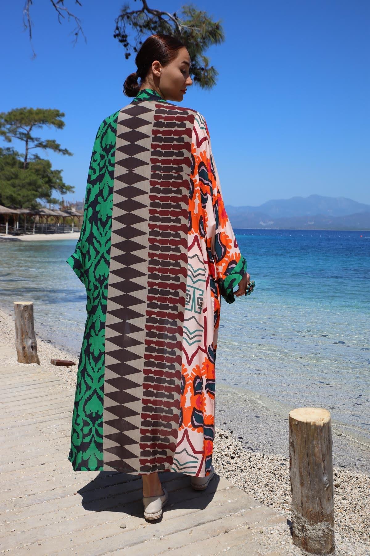 Yeşil Desenli Kuşaklı Kimono - Şaman Butik Yeşil Desenli Kuşaklı Kimono