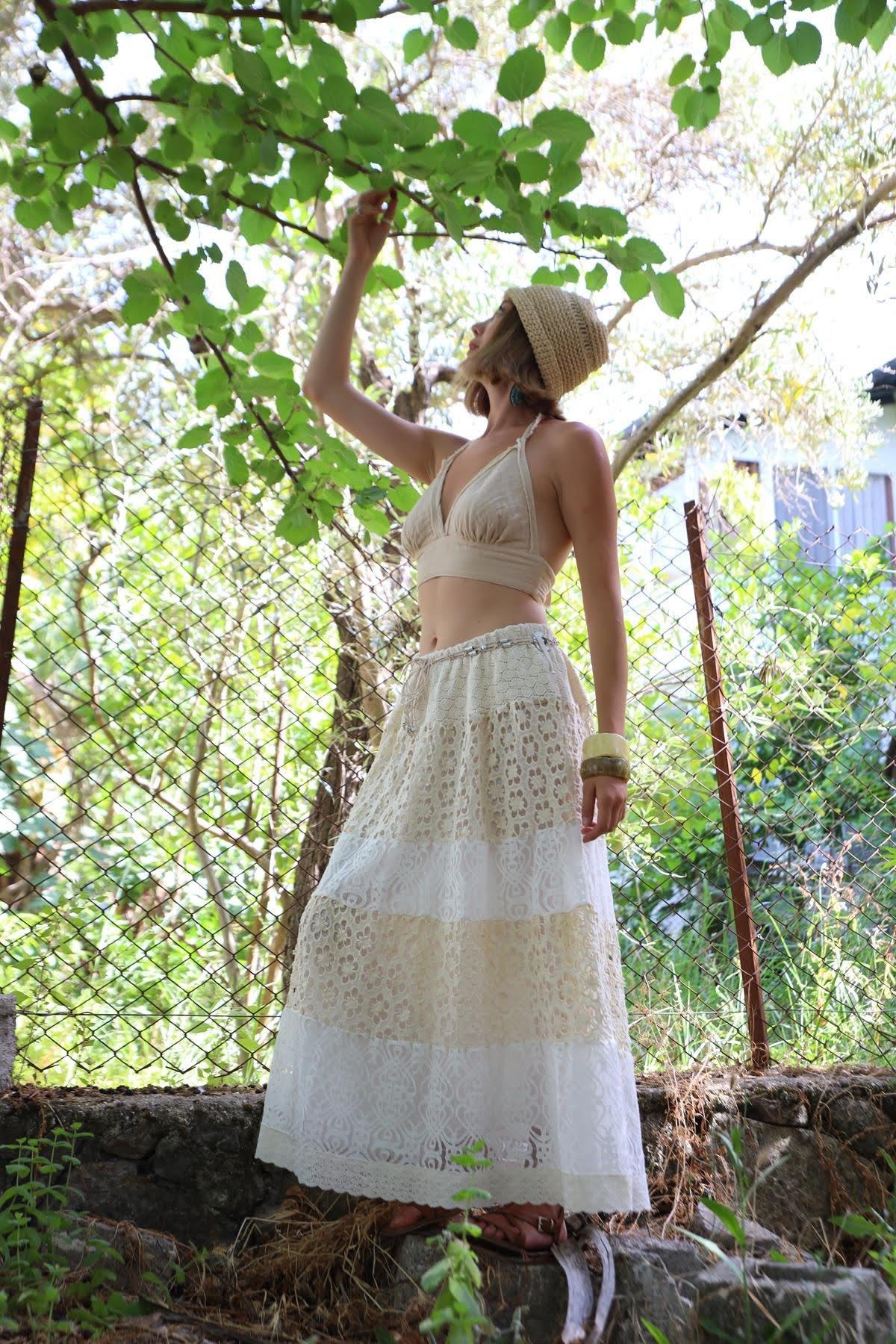  Krem Rengi Kemer Detaylı Otantik Beli Lastikli Dantel Etek