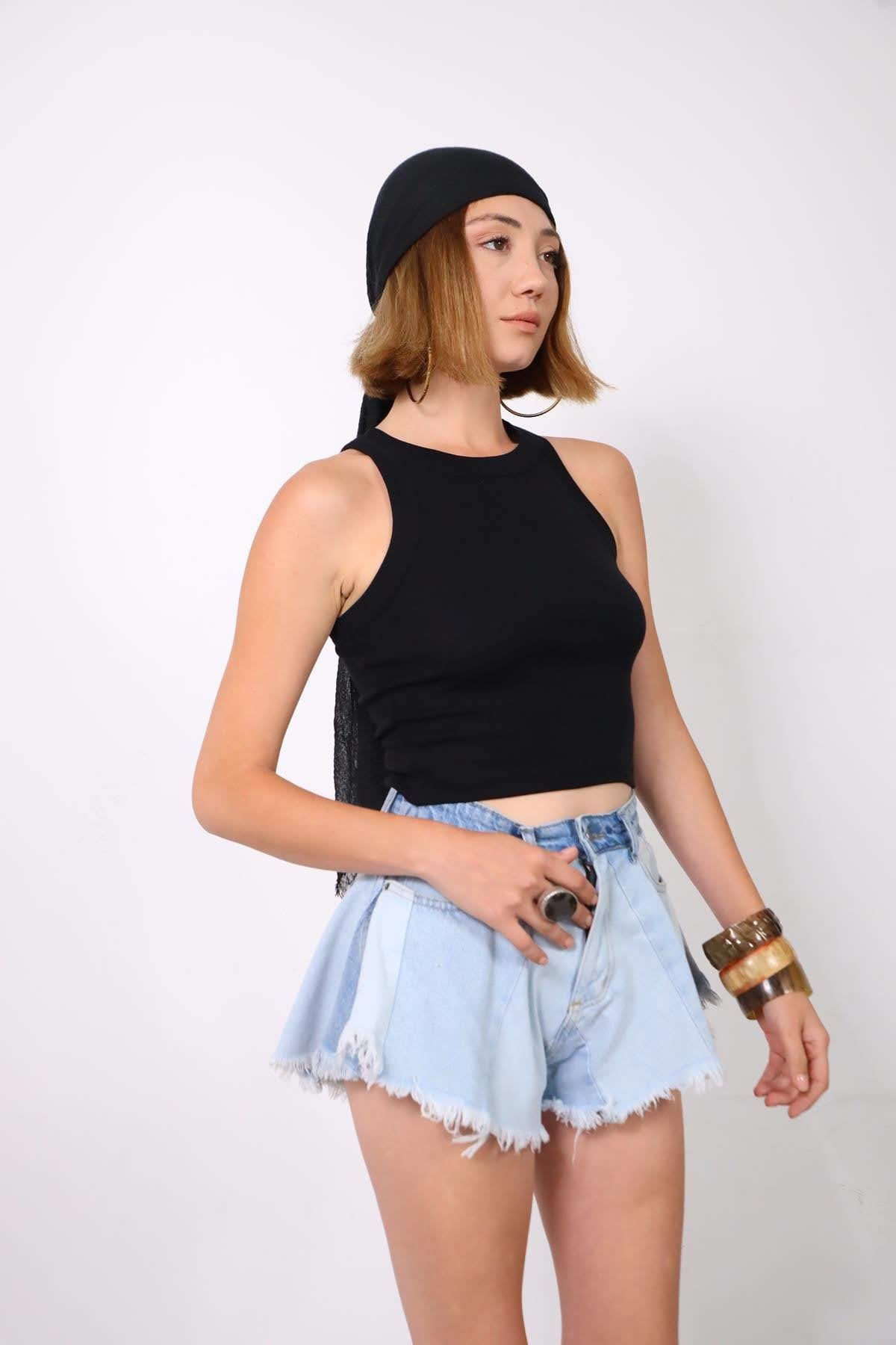  Buz Mavisi Dikiş Detaylı Püsküllü Kot Şort