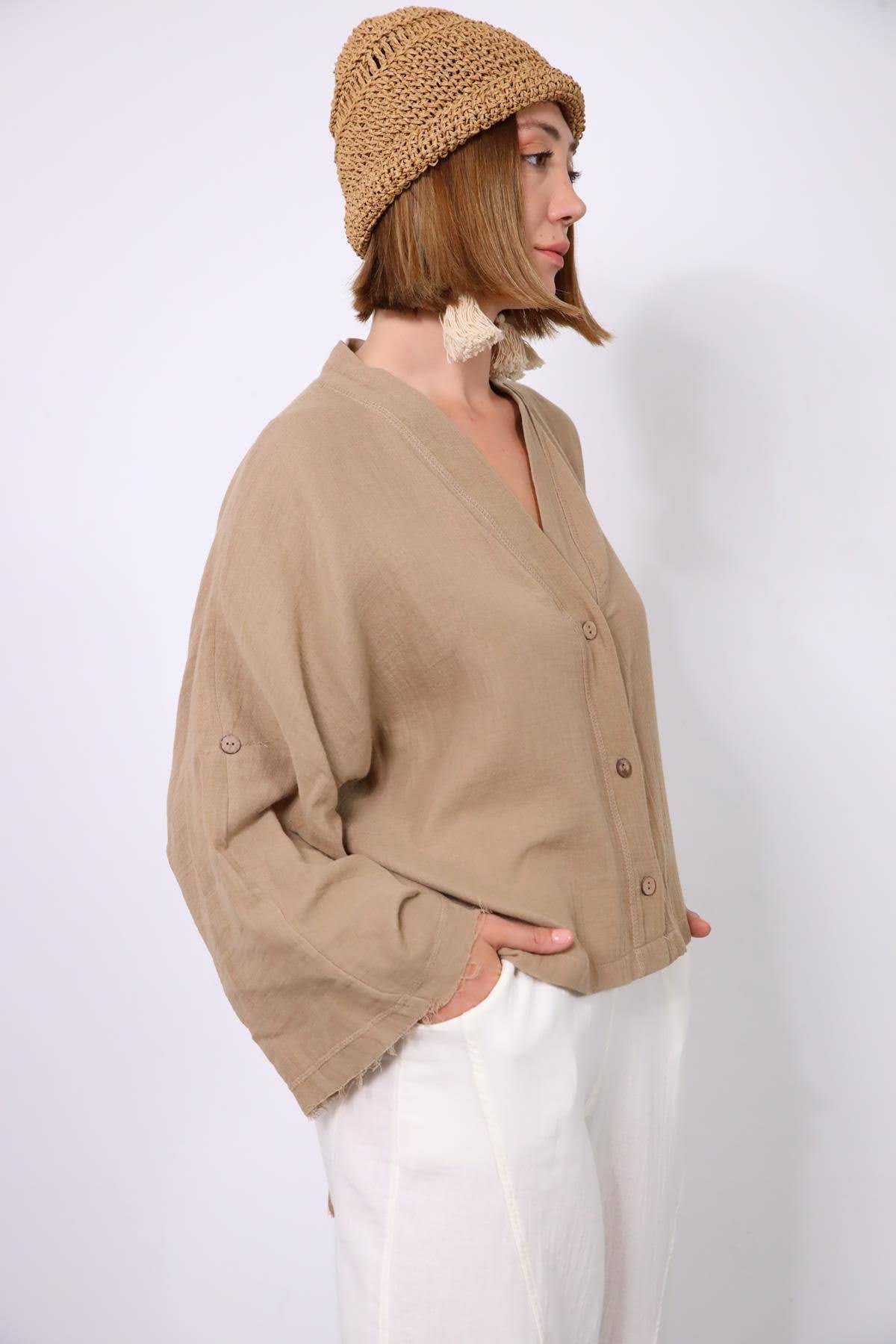  Açık Kahverengi Yarasa Kol Püsküllü Sırt Detaylı Gömlek