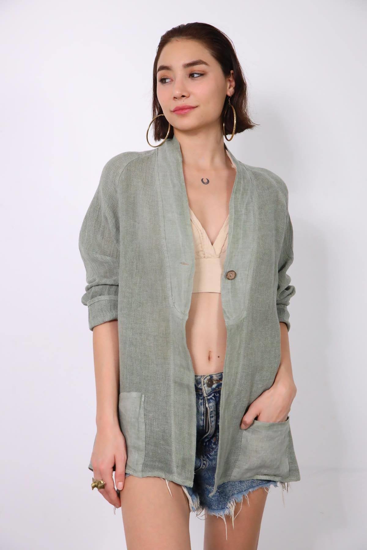 Haki Yakası ve Cebi Keten Tek Düğmeli Ceket - Şaman Butik Haki Yakası ve Cebi Keten Tek Düğmeli Ceket