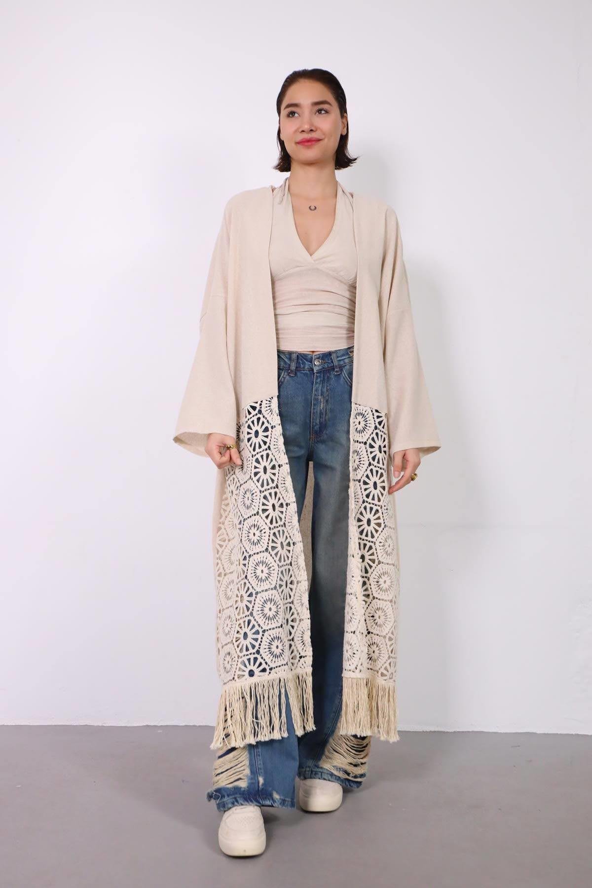  Krem Rengi Altı Püsküllü Dantelli Kimono