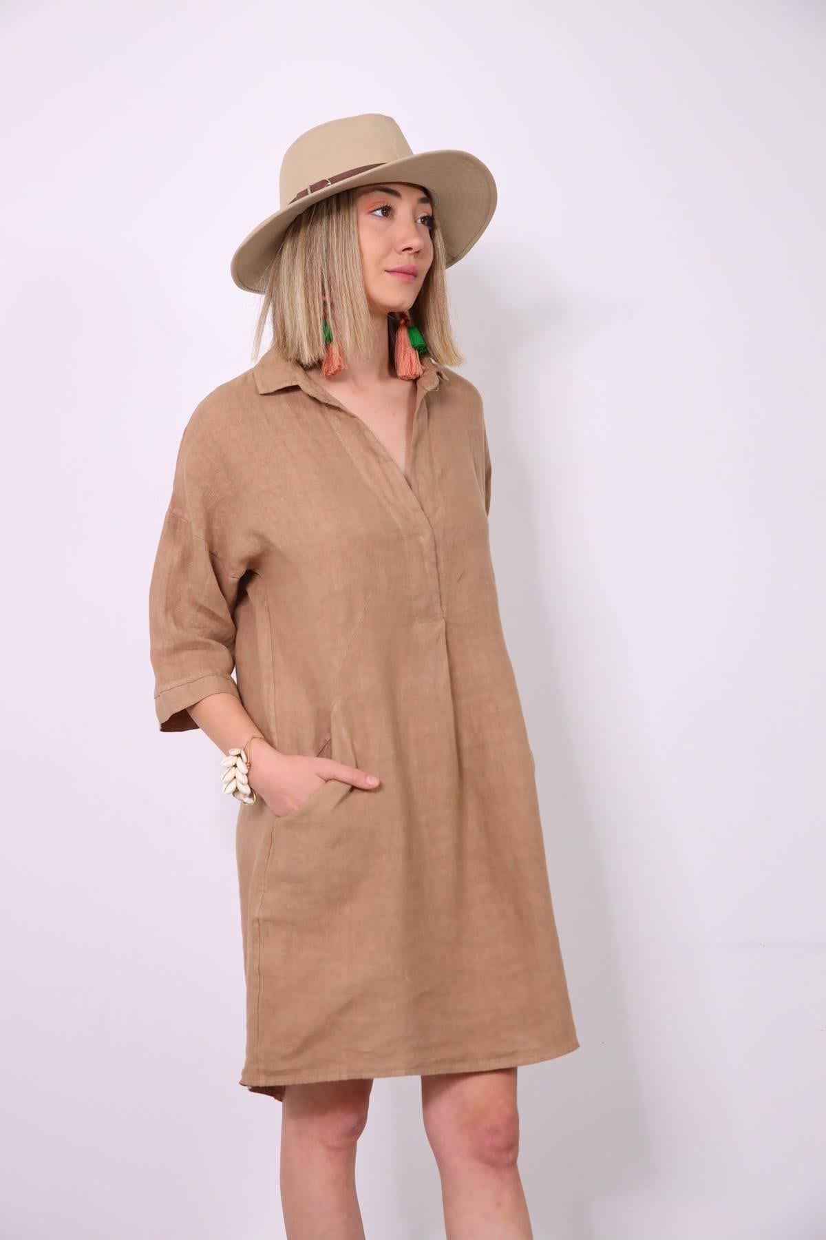 Sütlü Kahve Tek Düğmeli Önü Pileli Keten Elbise - Şaman Butik Sütlü Kahve Tek Düğmeli Önü Pileli Keten Elbise