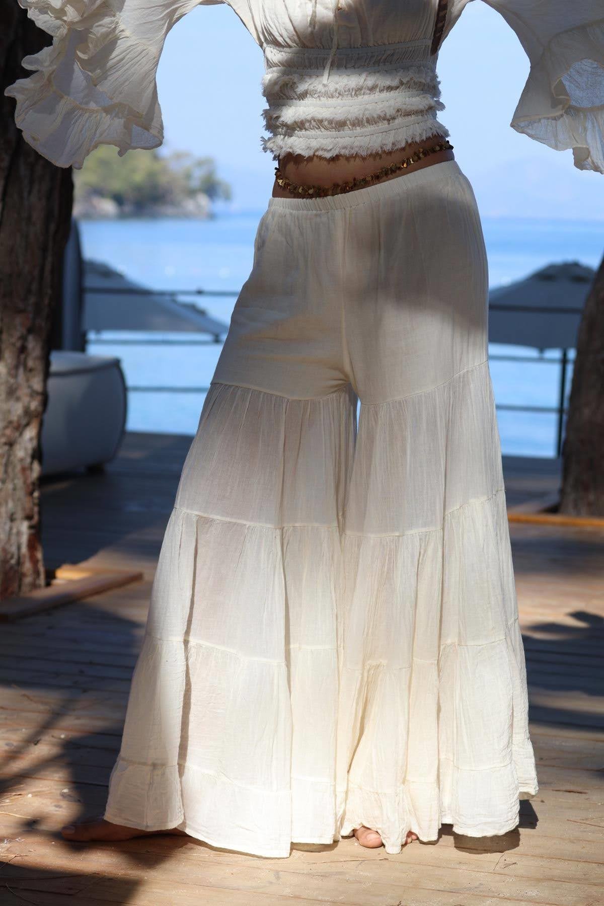 Ekru Dikiş Detaylı Yarasa Pantolon - Şaman Butik Ekru Dikiş Detaylı Yarasa Pantolon