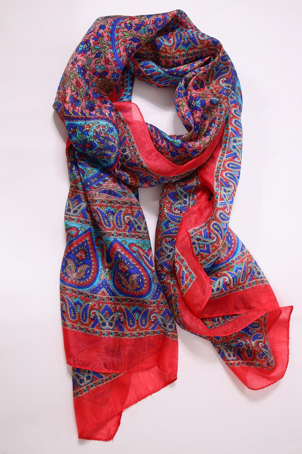 Kırmızı Desenli İpek Şal - Şaman Butik Kırmızı Desenli İpek Şal