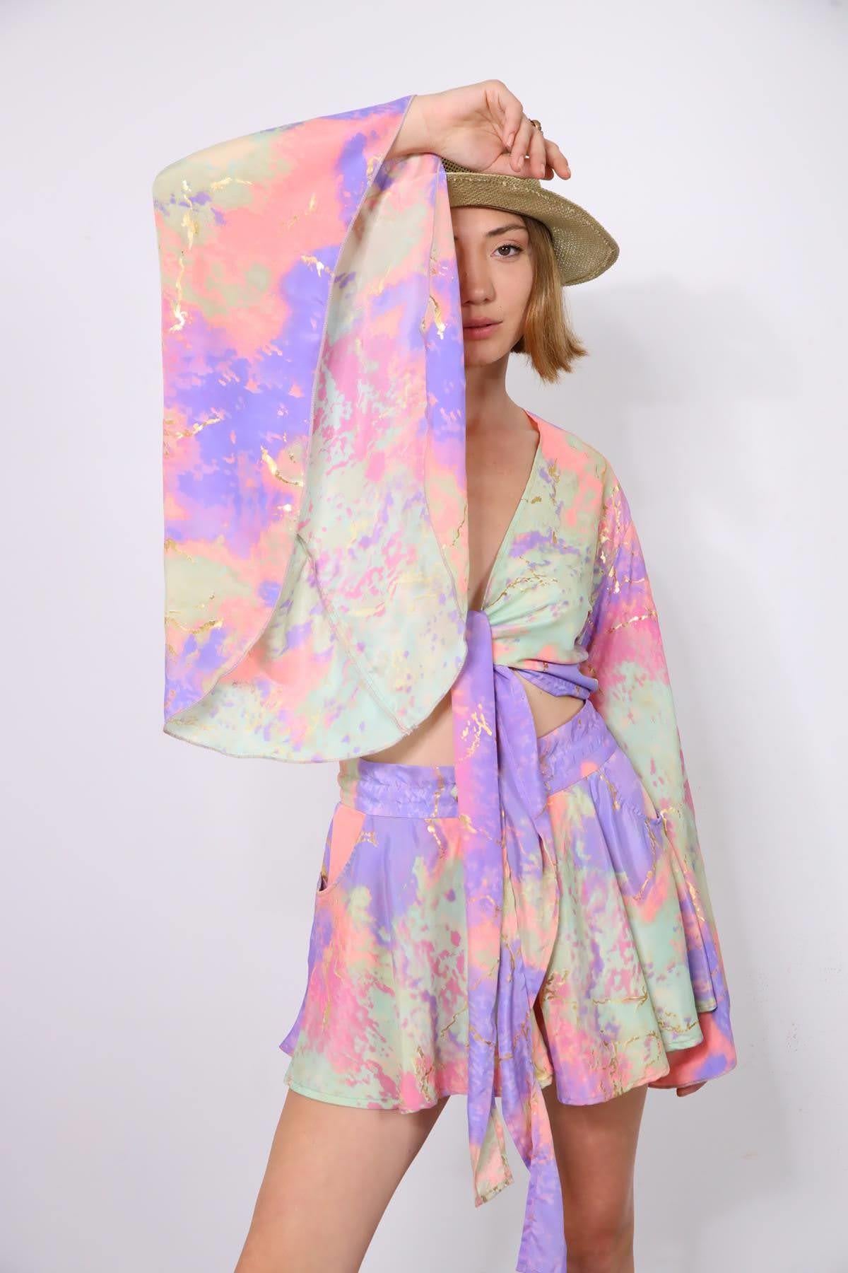 Lila Desenli Yarasa Kol İpek Bolero - Şaman Butik - Bohem Giyim ve Aksesuar | Kadın & Erkek Lila Desenli Yarasa Kol İpek Bolero