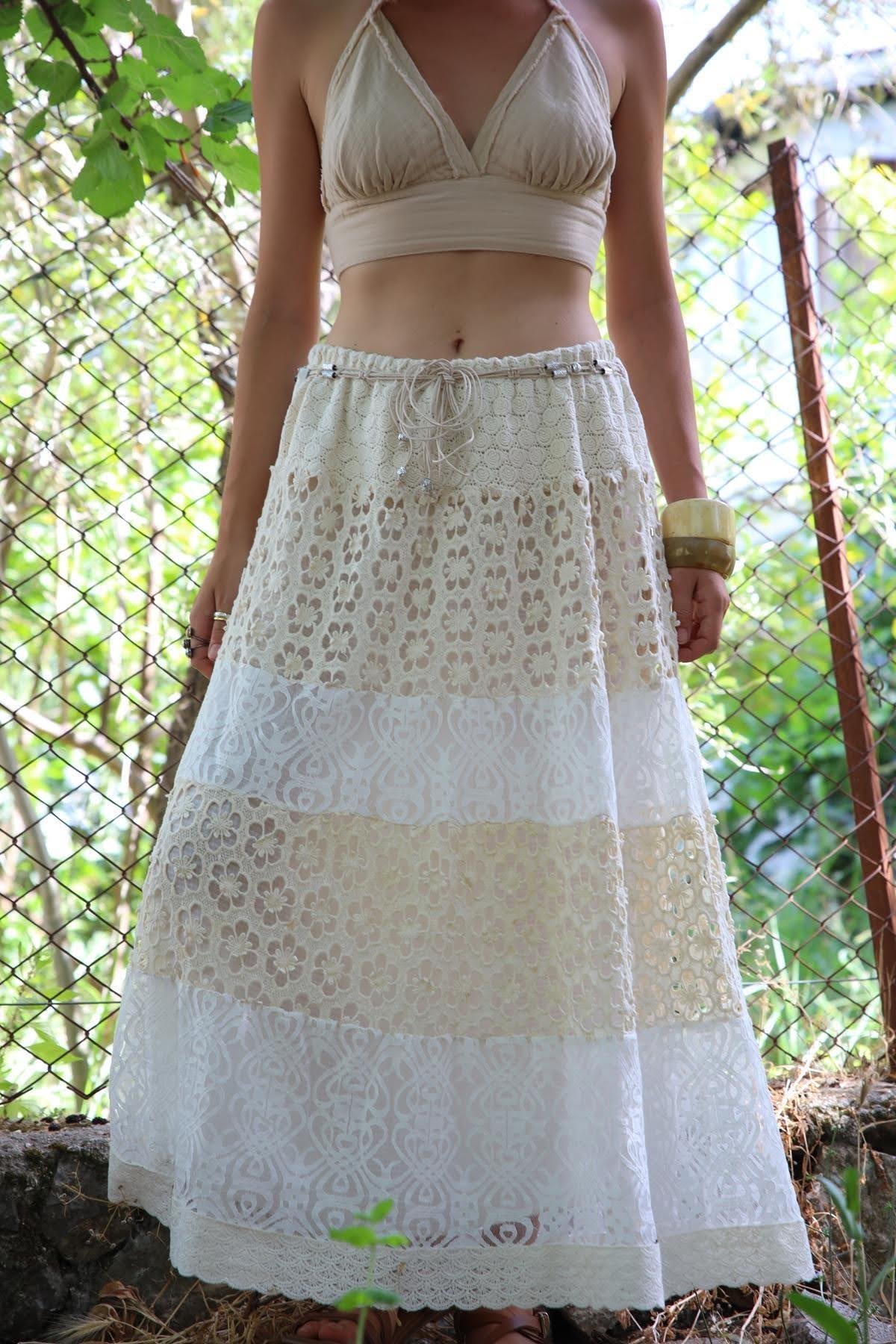  Krem Rengi Kemer Detaylı Otantik Beli Lastikli Dantel Etek