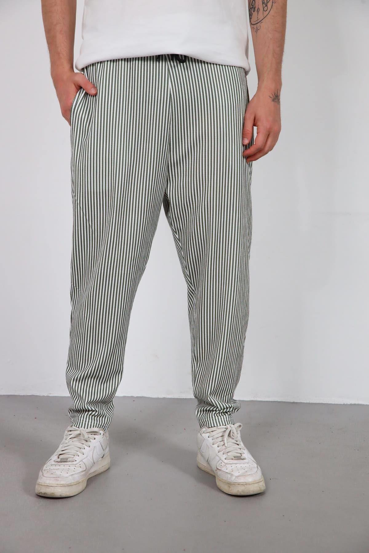  Haki Çizgili Dar Paça Erkek Pantolon