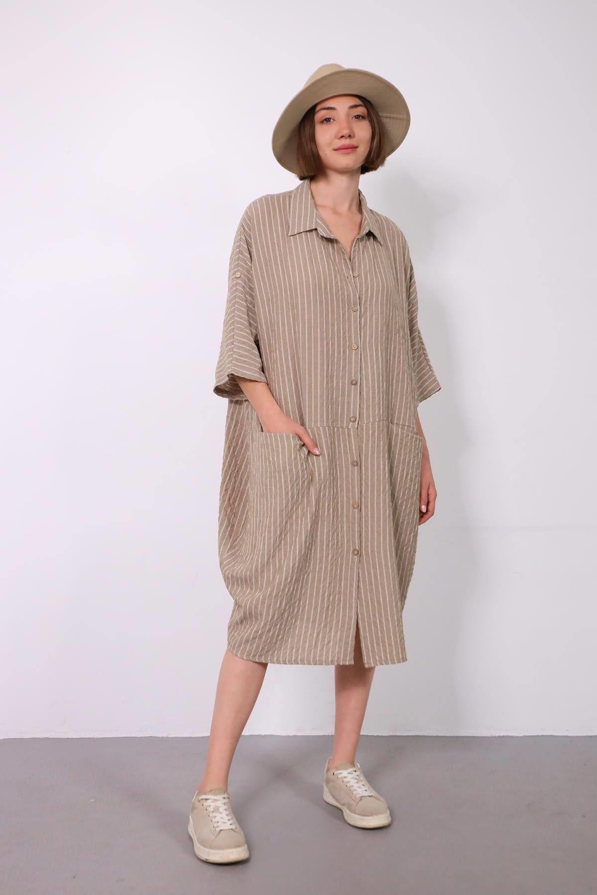 Bej Çizgili Çift Cepli Gofre Gömlek Elbise - Şaman Butik Bej Çizgili Çift Cepli Gofre Gömlek Elbise