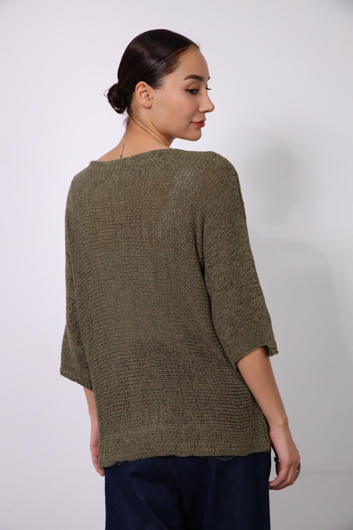 Khaki Boat Neck Elbow Sleeve Mercerized Blouse - Saman Butik Khaki Boat Neck Elbow Sleeve Mercerized Blouse