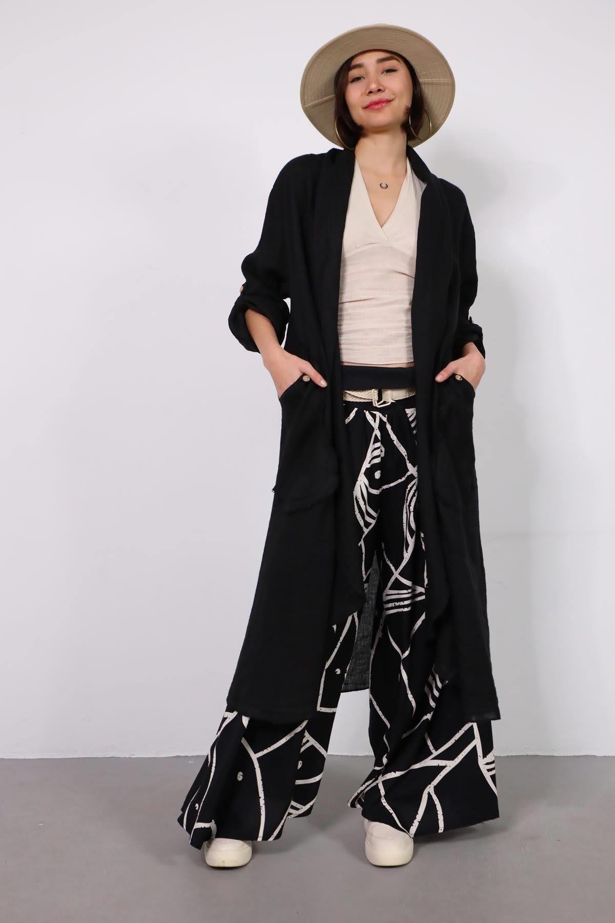 Siyah Cebi Düğmeli Keten Kaftan - Şaman Butik - Bohem Giyim ve Aksesuar | Kadın & Erkek Siyah Cebi Düğmeli Keten Kaftan