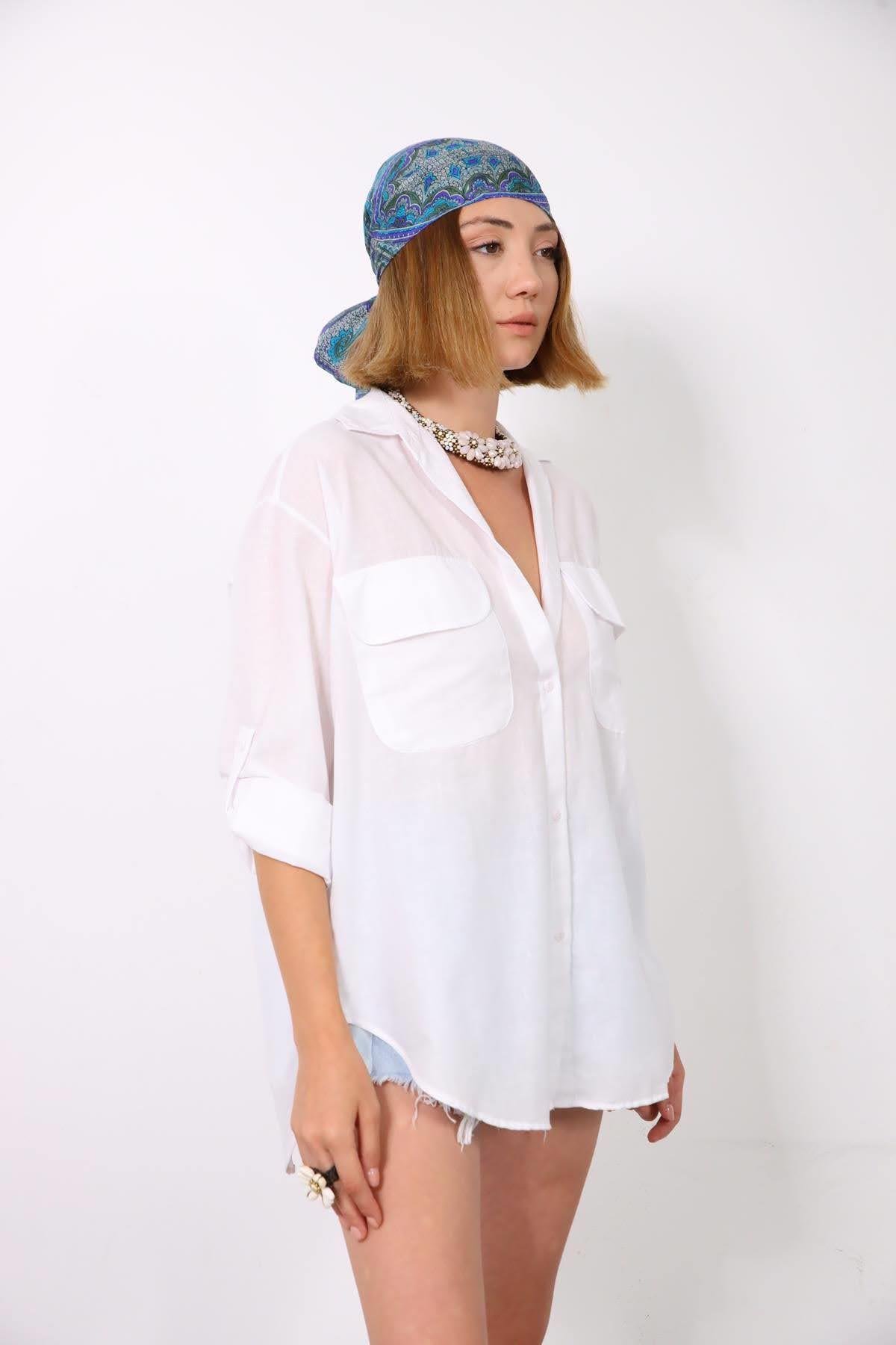 White Big Pocket Open Back Shirt - Saman Butik | Shop Online White Big Pocket Open Back Shirt