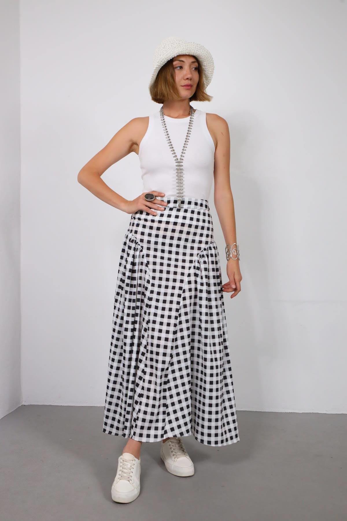  Siyah Büzgülü Ekose Etek