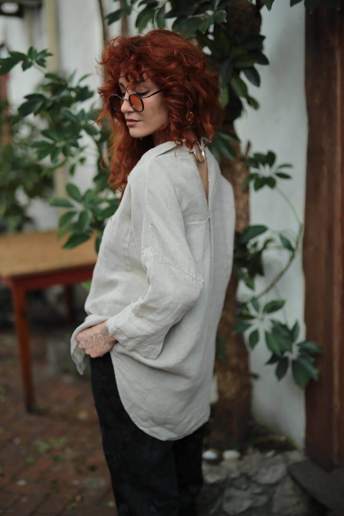 Bej Arkası Halkalı Keten Gömlek