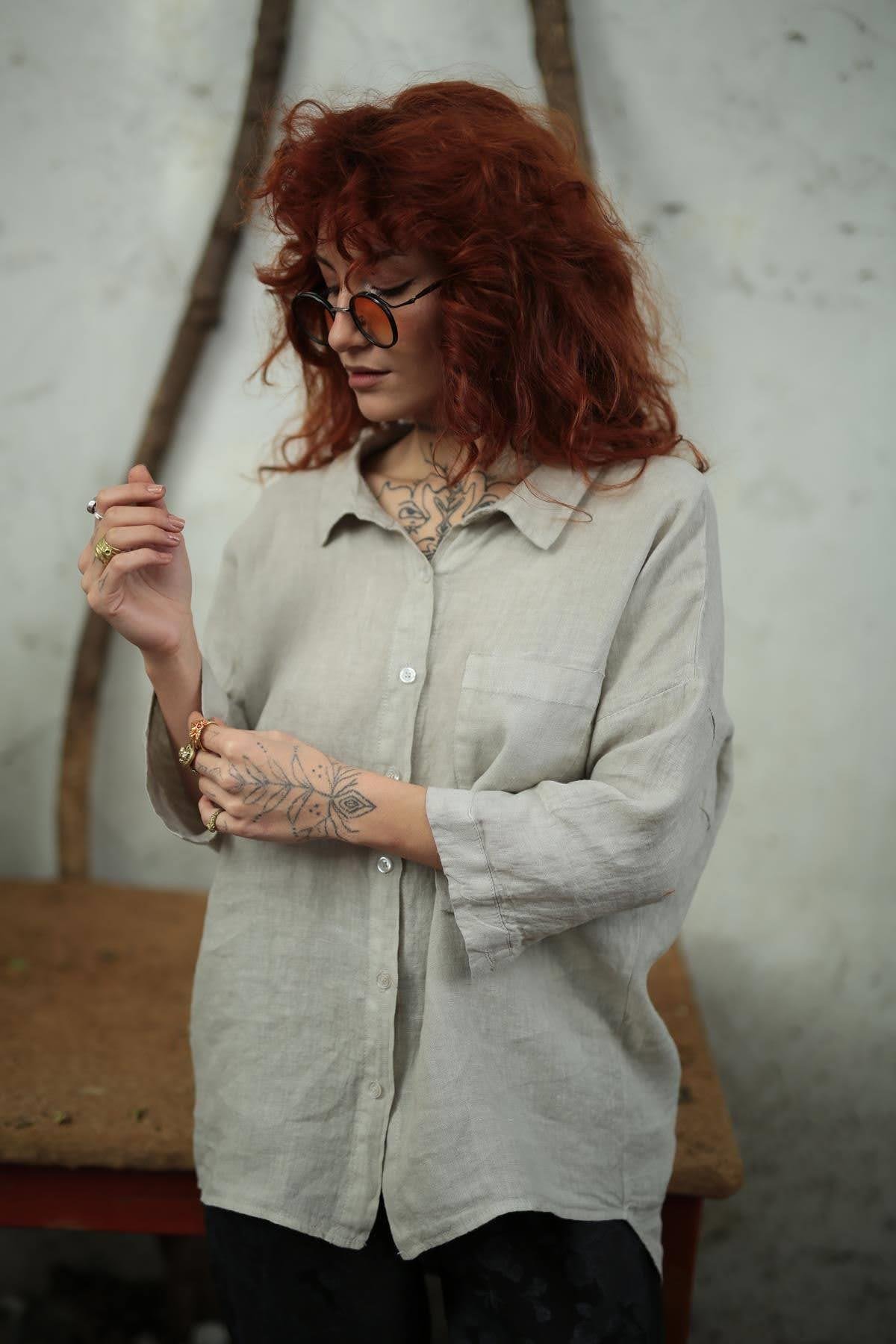 Bej Arkası Halkalı Keten Gömlek