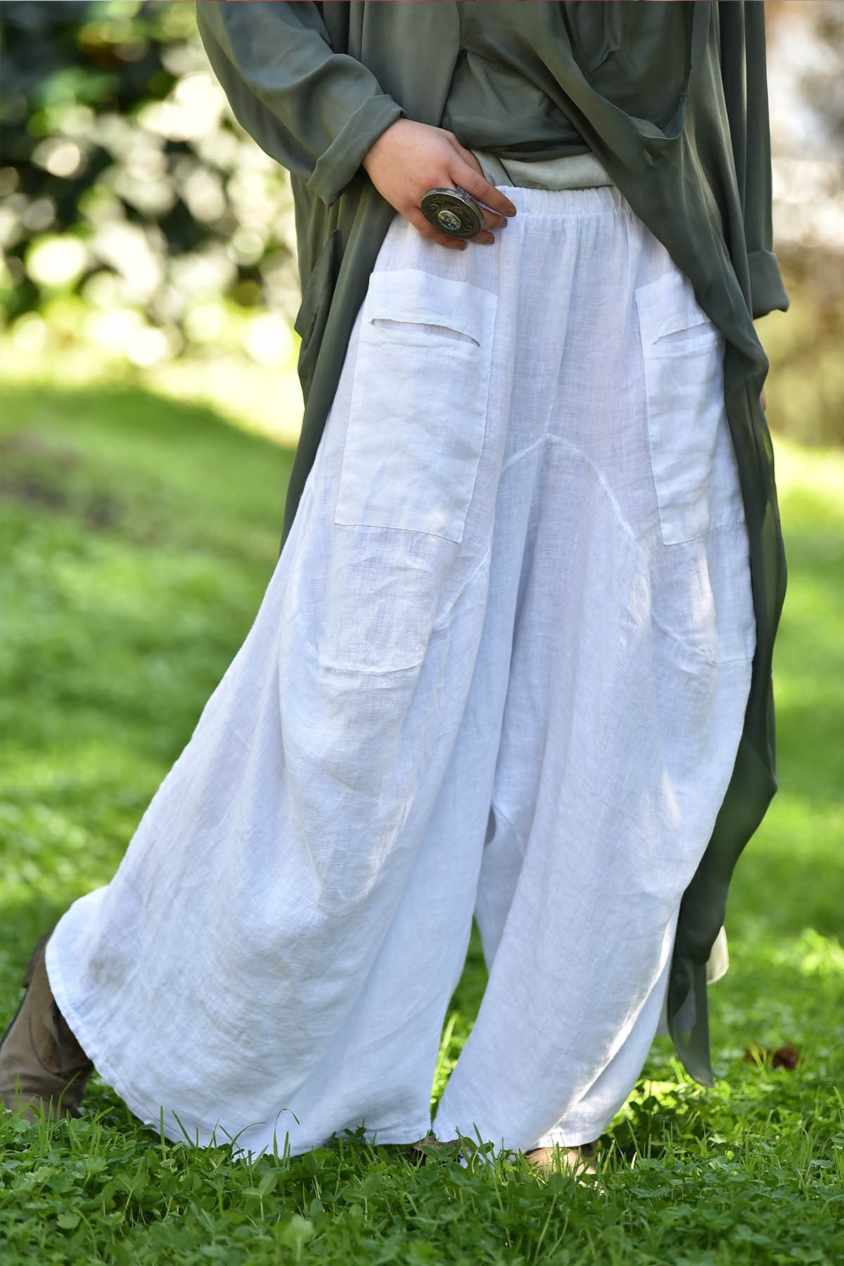 Beyaz Keten Kontes Şalvar