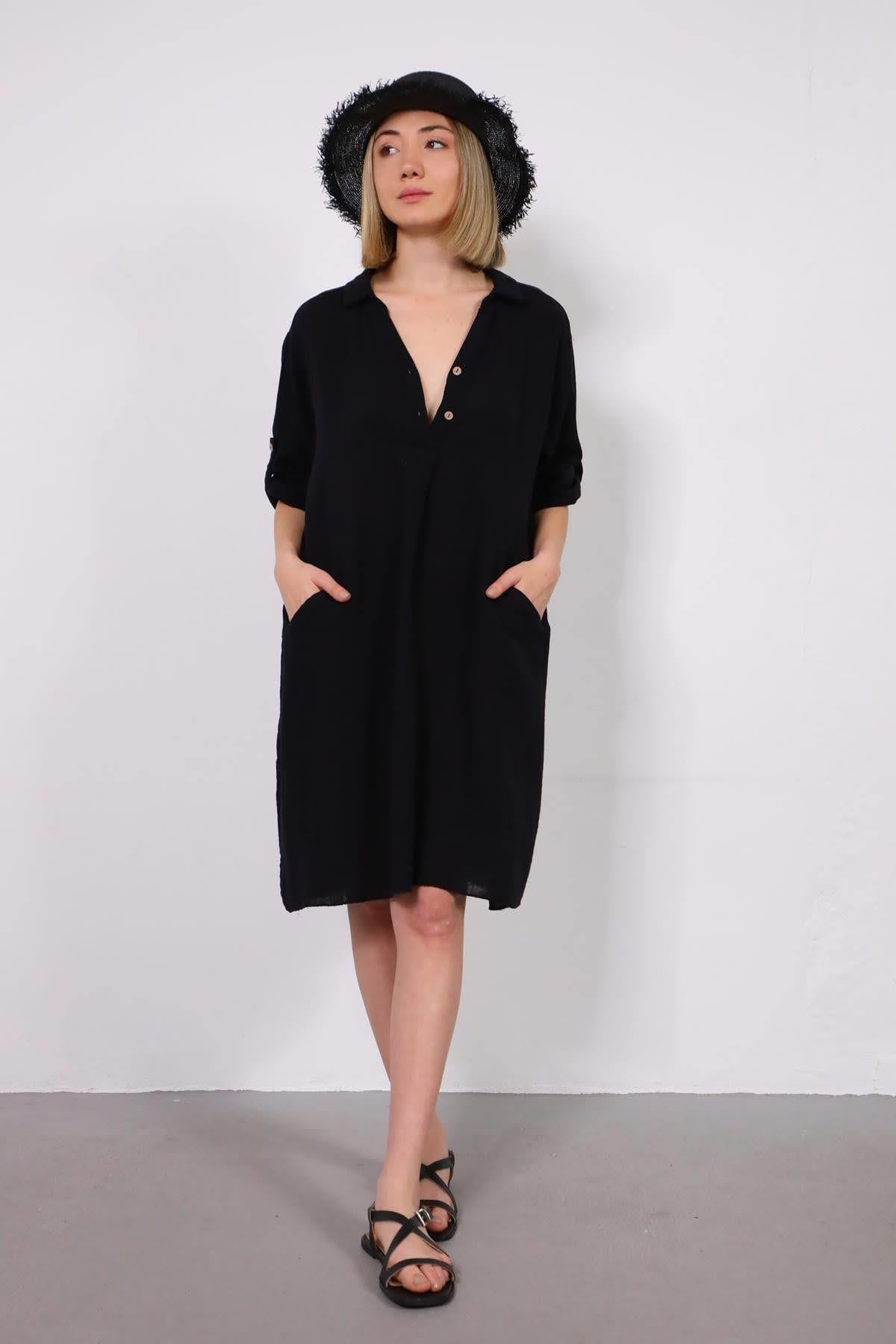 Siyah Kolları Apoletli Gömlek Yaka Müslin Elbise - Şaman Butik Siyah Kolları Apoletli Gömlek Yaka Müslin Elbise