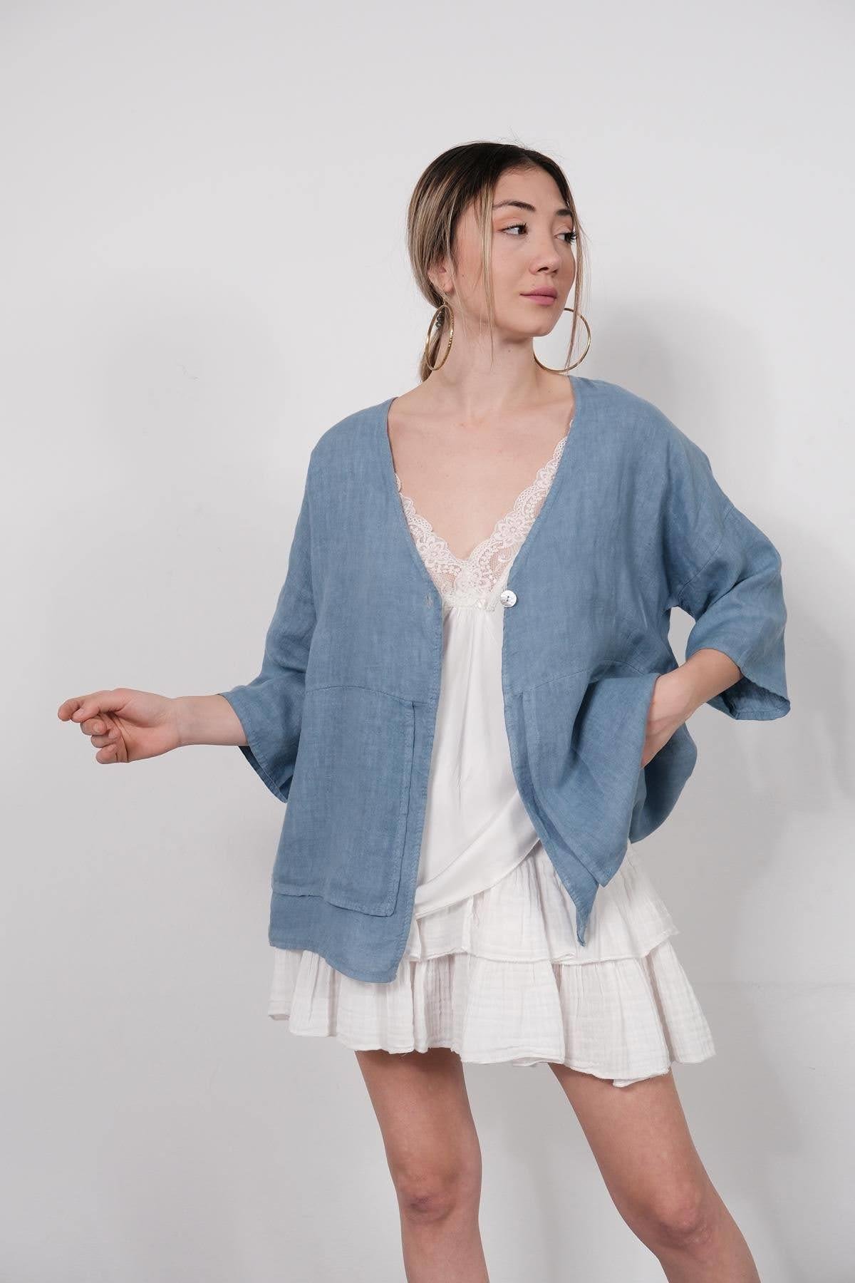 İndigo Mavi Önü Parça Detaylı Tek Düğmeli Keten Ceket - Şaman Butik İndigo Mavi Önü Parça Detaylı Tek Düğmeli Keten Ceket