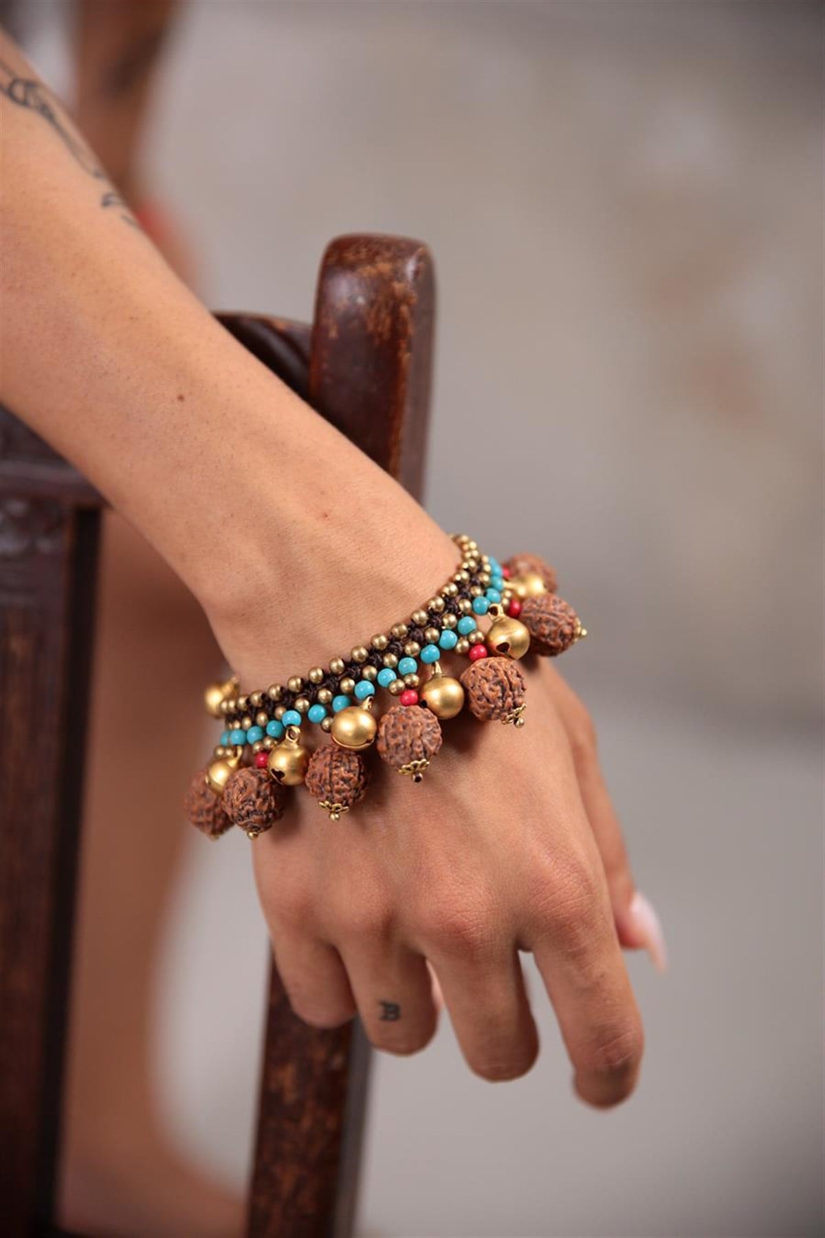  Bronz Turkuaz Taşlı Rudraksha Tasarım Bileklik