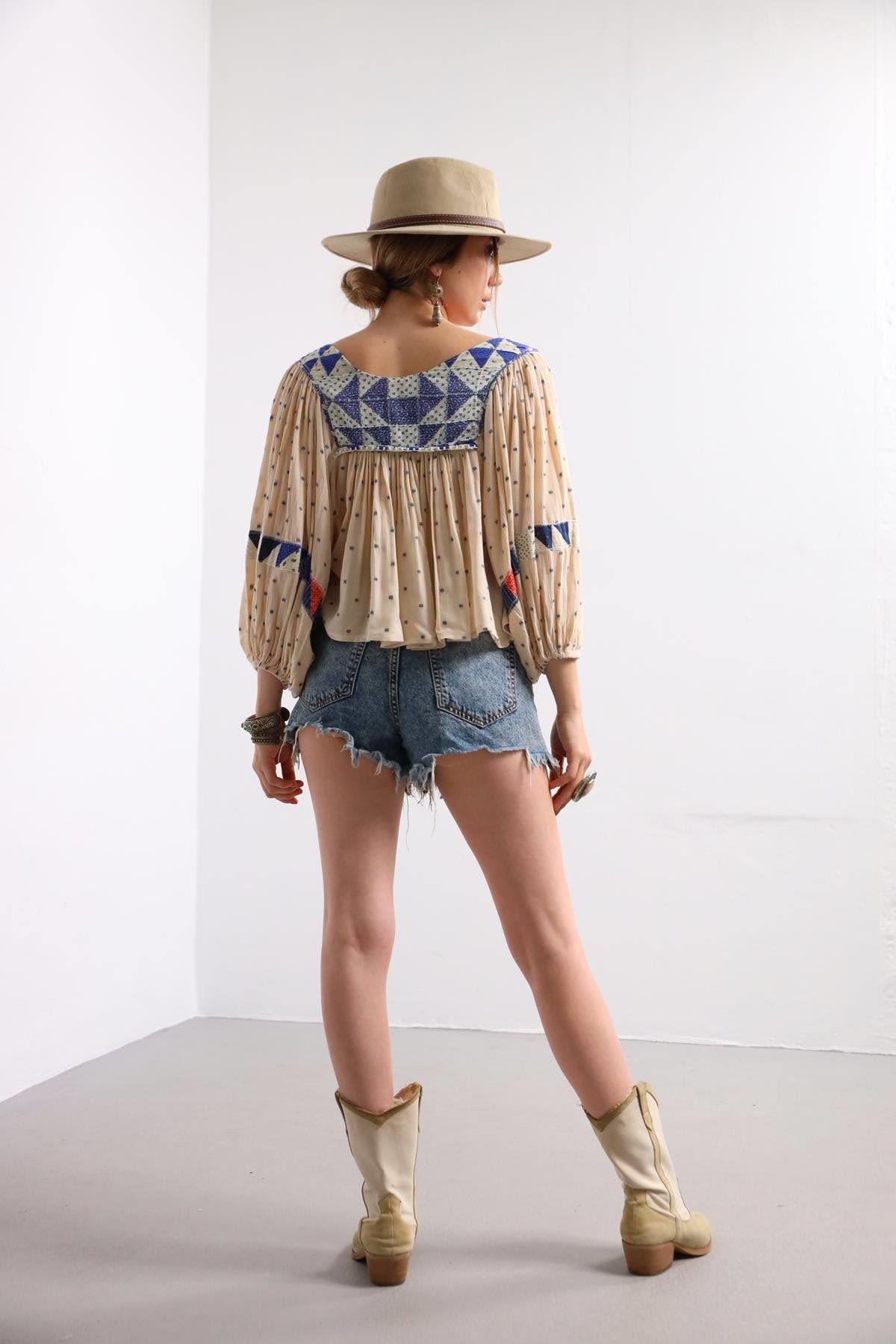 Navy Blue Floral Stitched Waist Shirt Dress - Şaman Butik Beige Bishop Sleeve Tied Back Boho Blouse