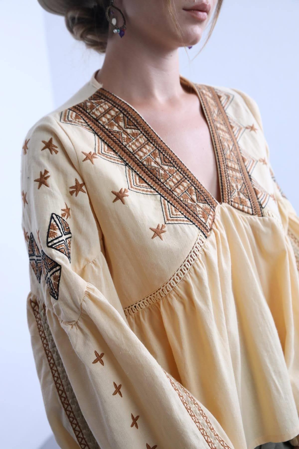 Saman Butik | Shop Online Beige Embroidered V-Neck Bishop Sleeve Blouse