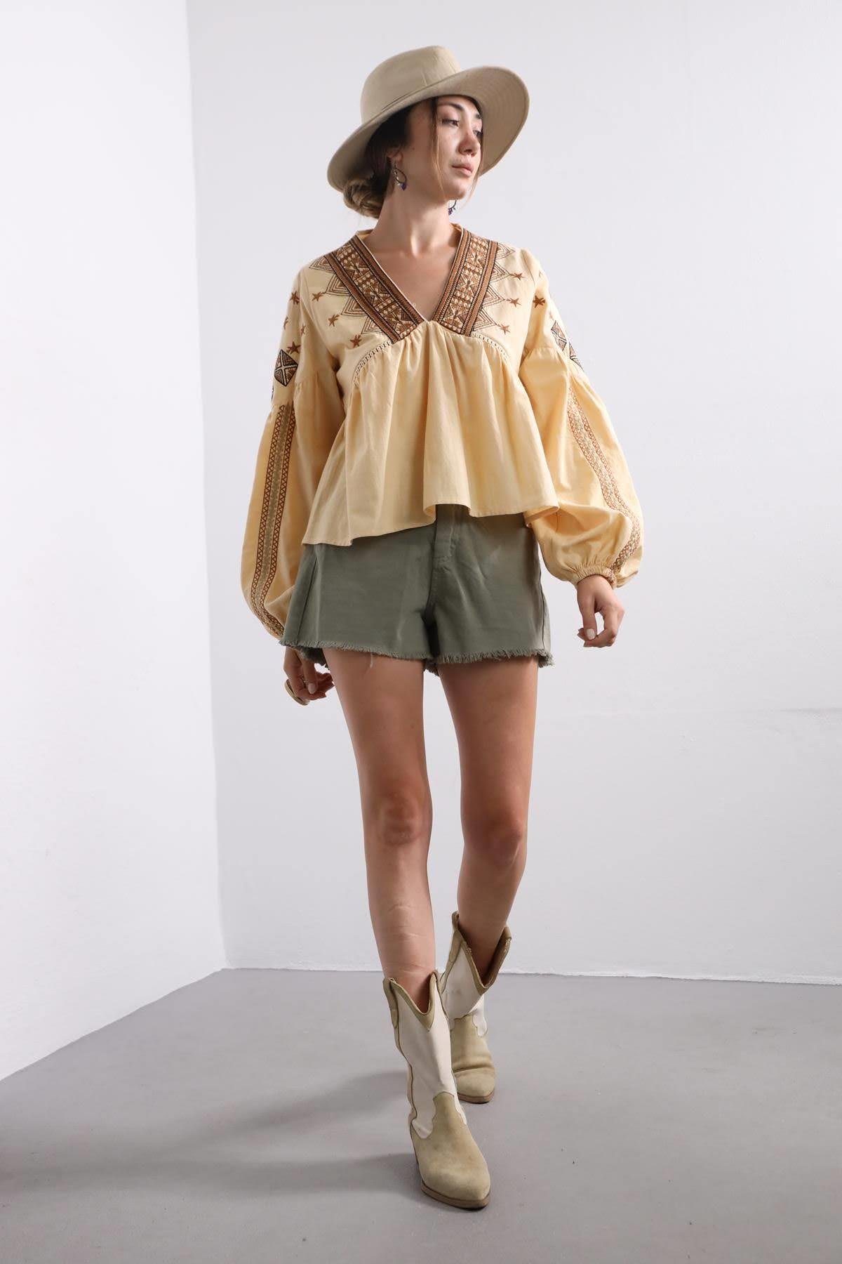 Saman Butik | Shop Online Beige Embroidered V-Neck Bishop Sleeve Blouse