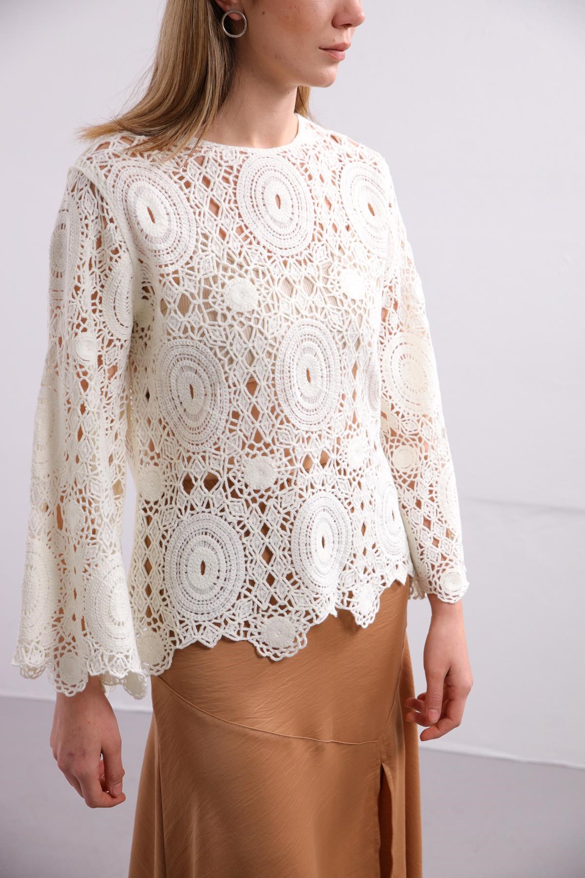 White Wide Sleeve Lace Knit Blouse - Saman Butik | Shop Online White Wide Sleeve Lace Knit Blouse