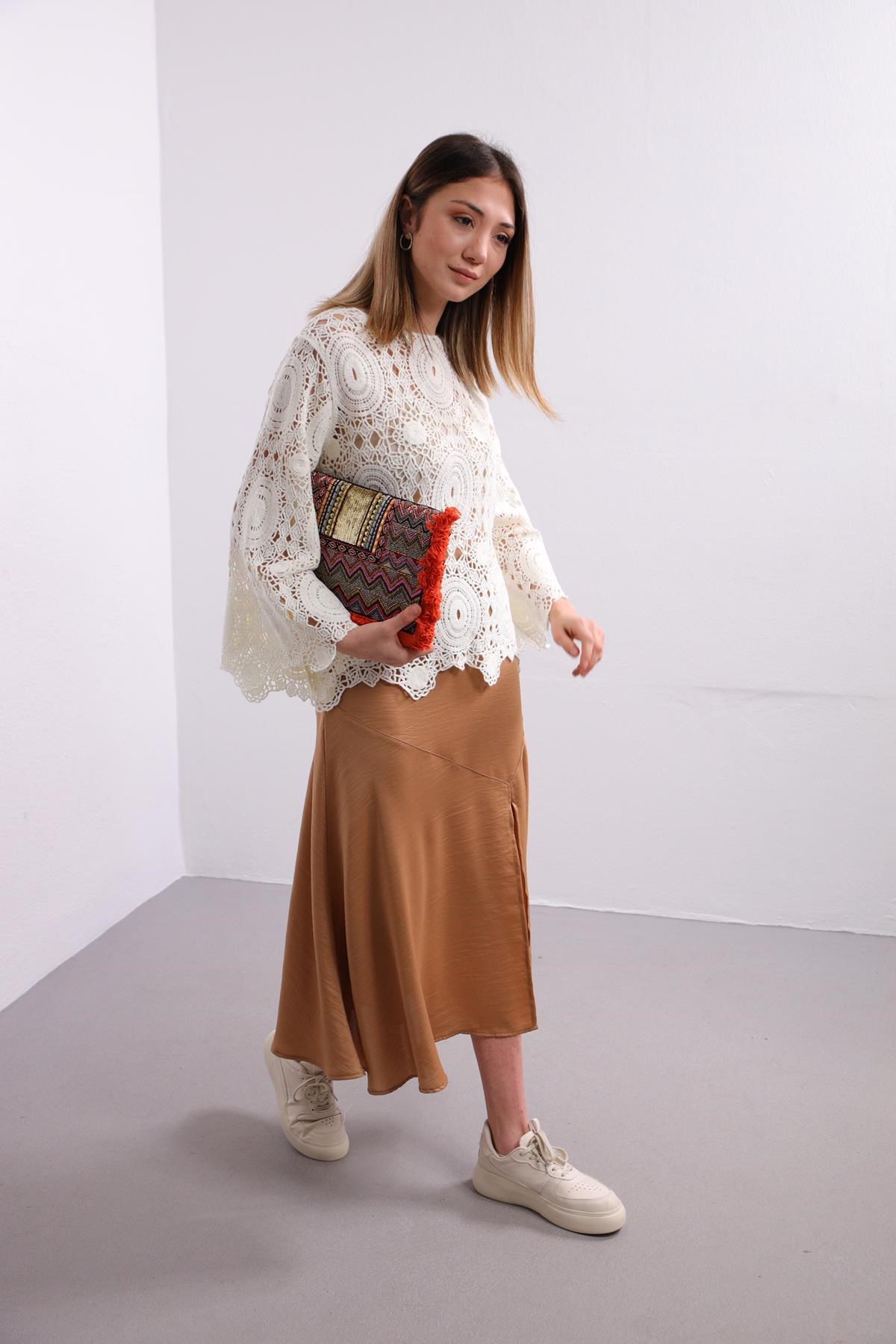 White Wide Sleeve Lace Knit Blouse - Saman Butik | Shop Online White Wide Sleeve Lace Knit Blouse