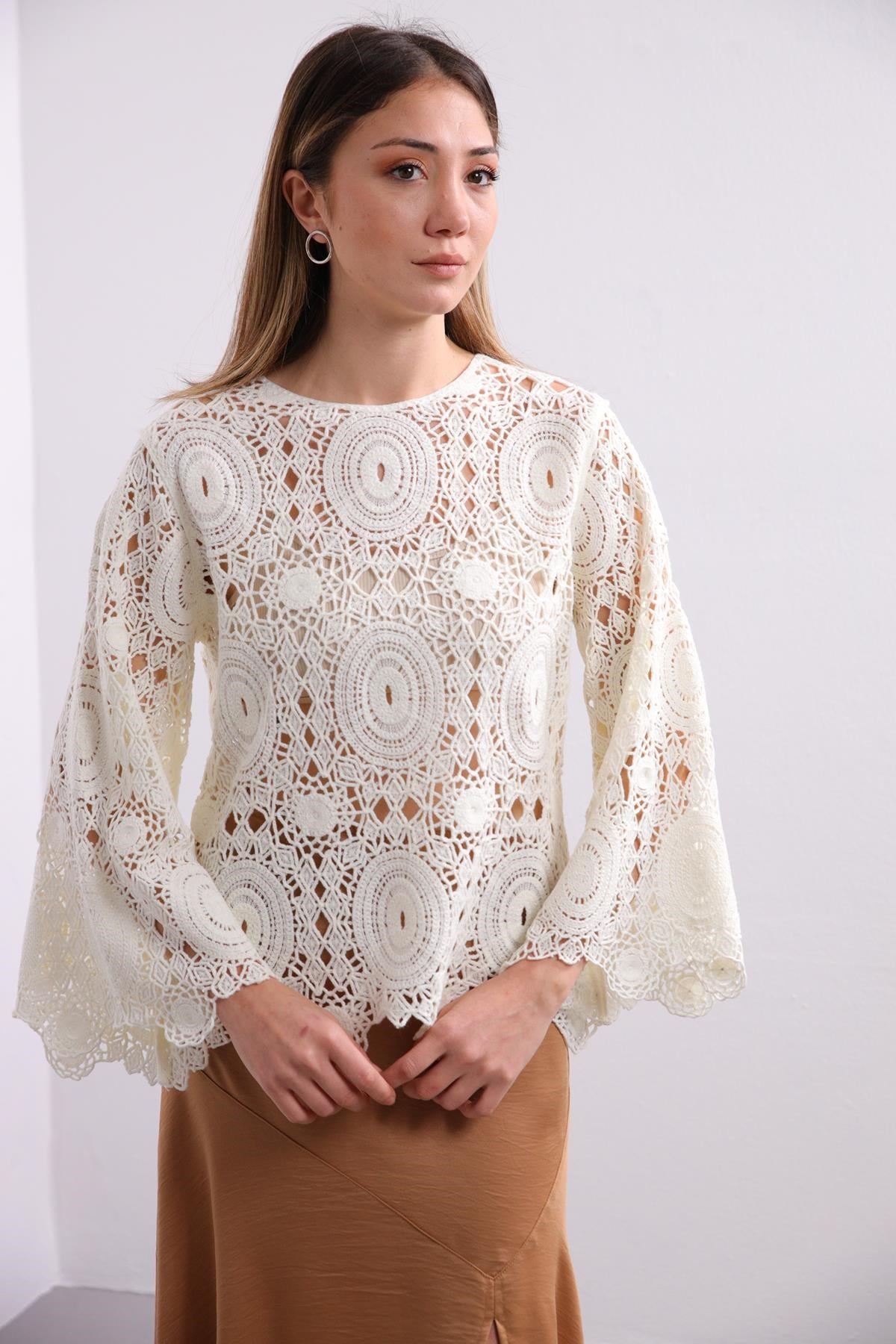 White Wide Sleeve Lace Knit Blouse - Saman Butik | Shop Online White Wide Sleeve Lace Knit Blouse