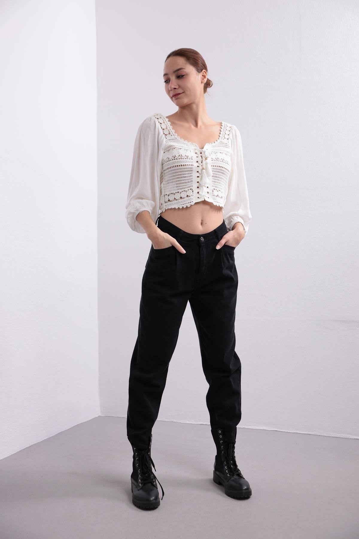 Saman Butik | Shop Online White Tie Detail Knitted Blouse