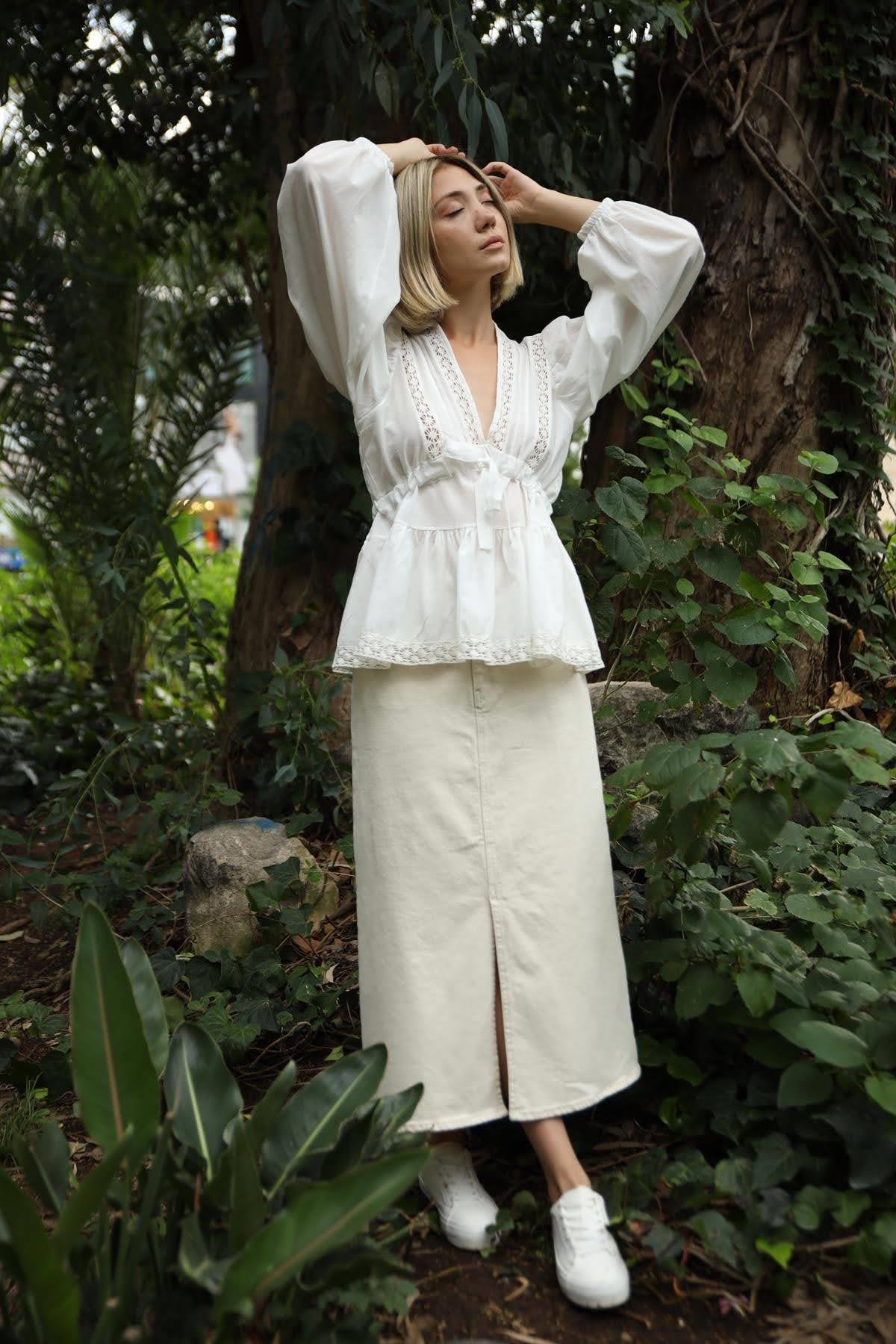Saman Butik | Shop Online White V Neck Blouse with Tie Detail