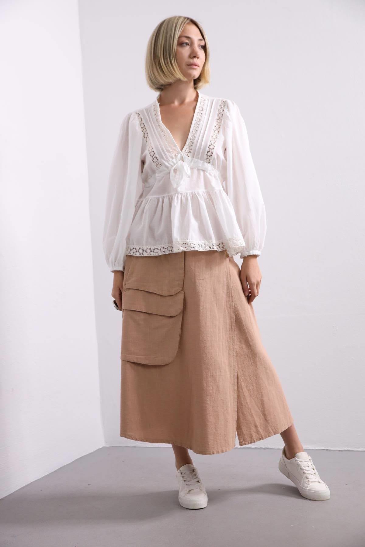 Saman Butik | Shop Online White V Neck Blouse with Tie Detail