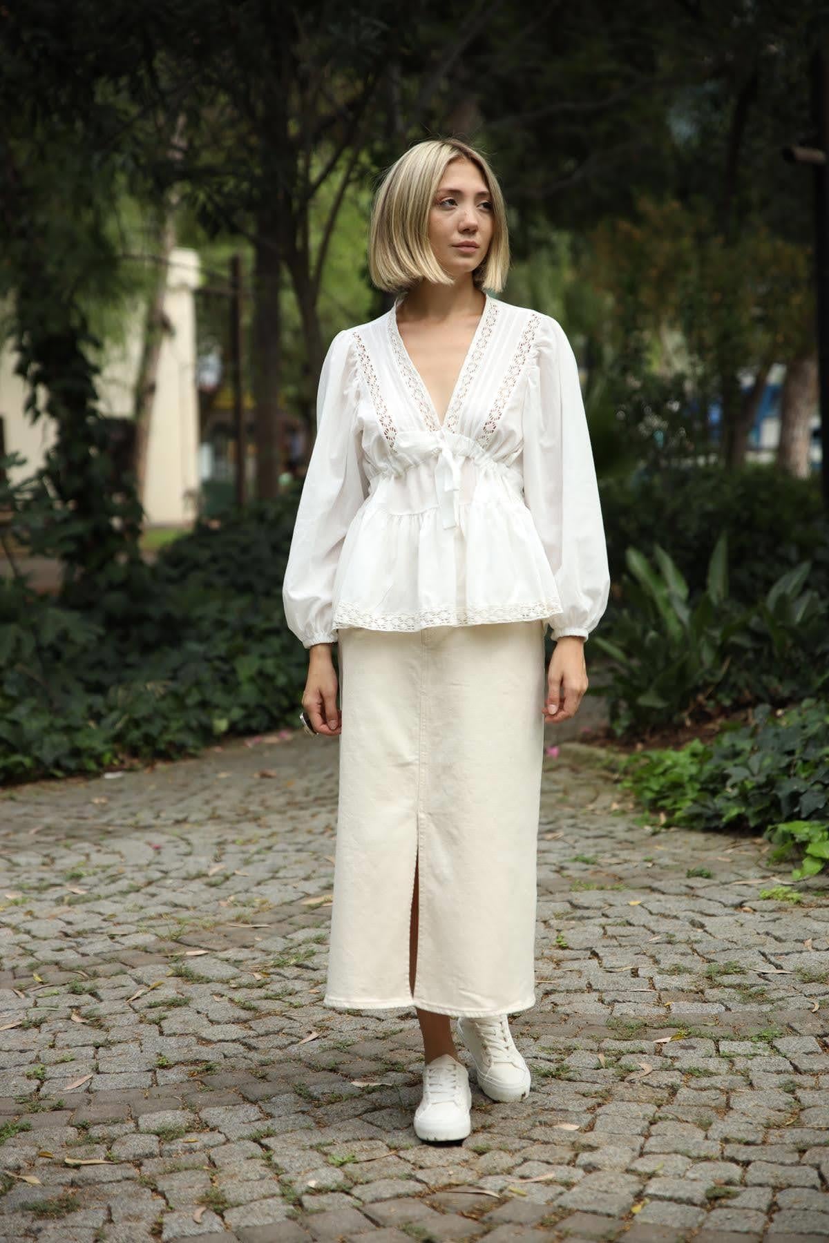 Saman Butik | Shop Online White V Neck Blouse with Tie Detail