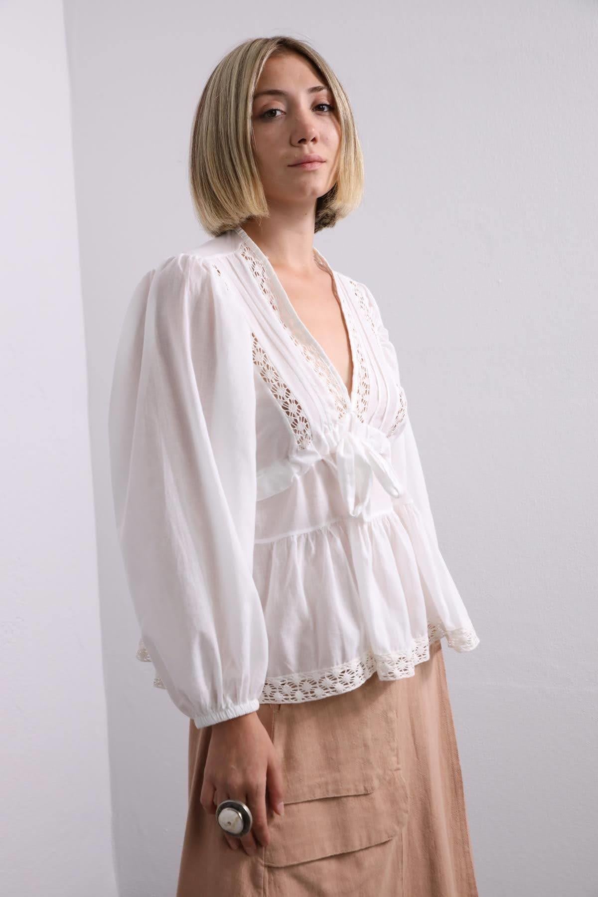 Saman Butik | Shop Online White V Neck Blouse with Tie Detail