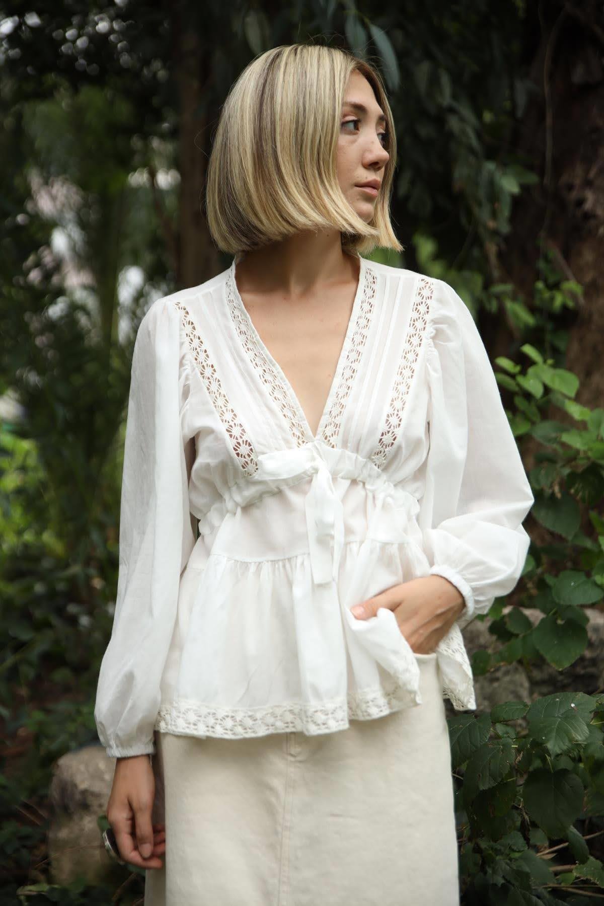 Saman Butik | Shop Online White V Neck Blouse with Tie Detail
