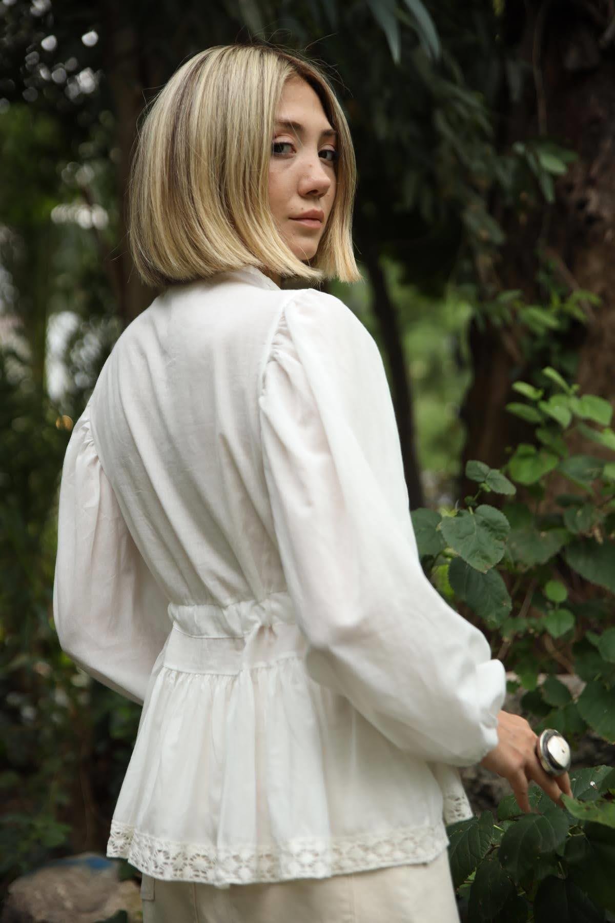 Saman Butik | Shop Online White V Neck Blouse with Tie Detail