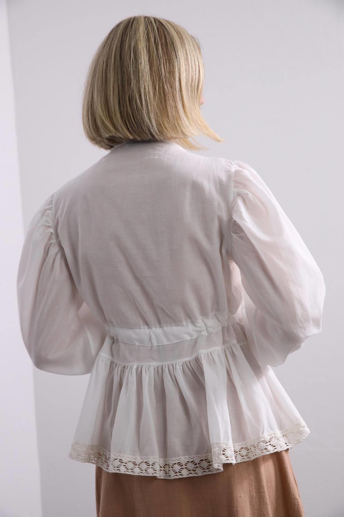 Saman Butik | Shop Online White V Neck Blouse with Tie Detail
