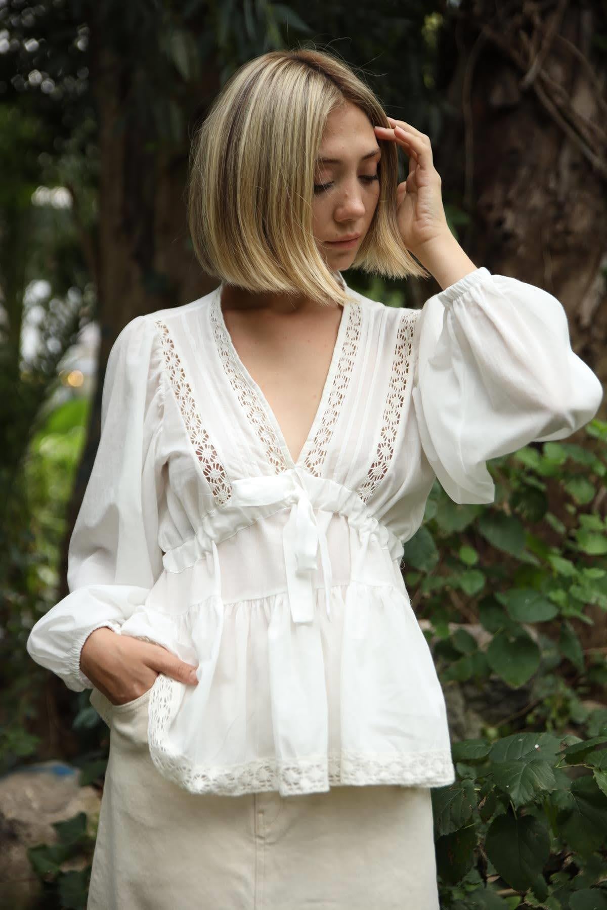 Saman Butik | Shop Online White V Neck Blouse with Tie Detail