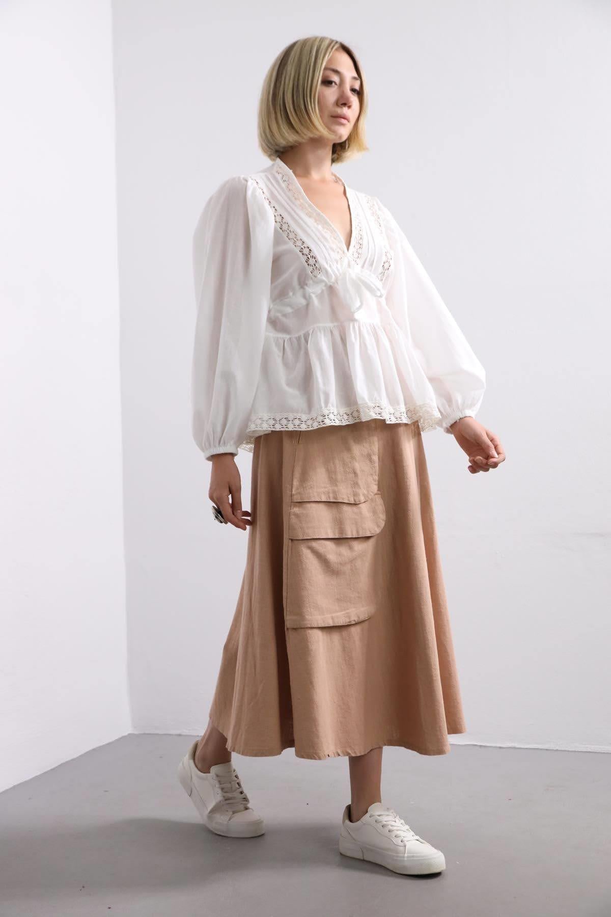 Saman Butik | Shop Online White V Neck Blouse with Tie Detail